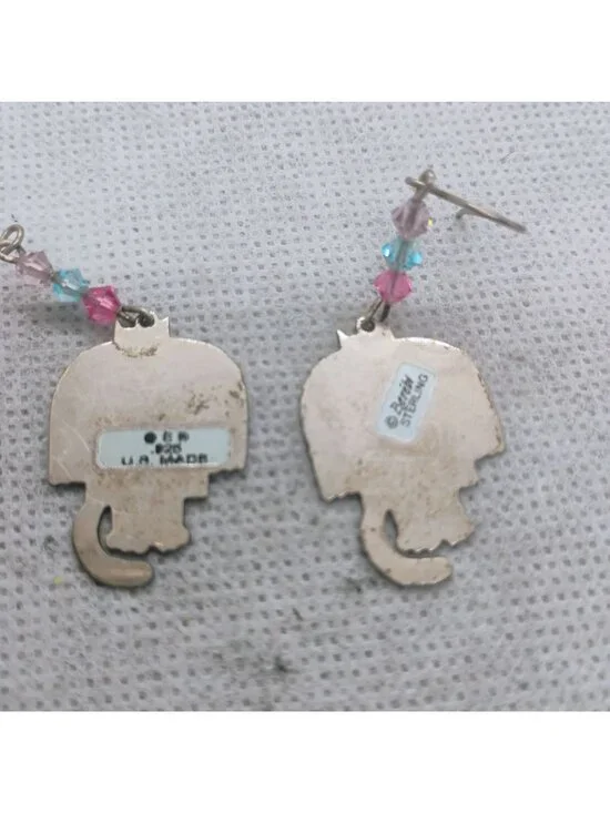 Vtg Edgar Berebi Sterling Silver I Love Cats Dangle Earrings w/Beads - Picture 4 of 5